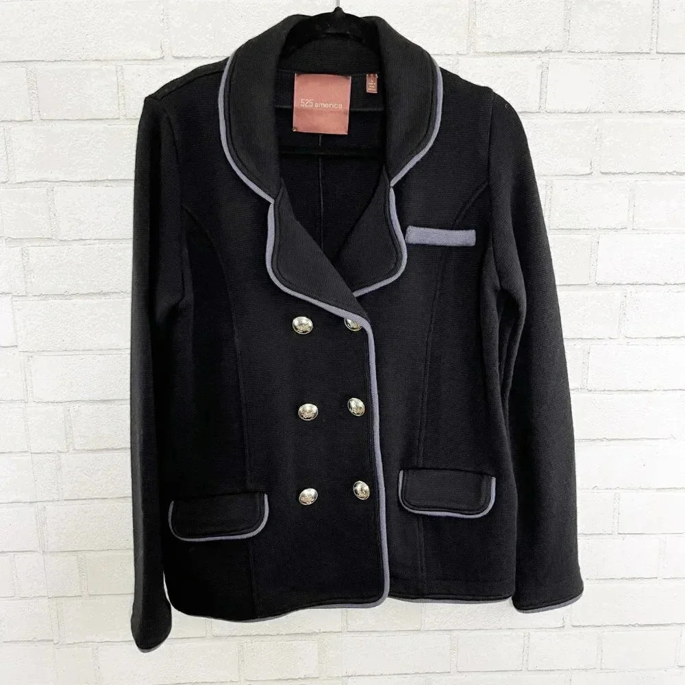 525 America Black 100% Merino Wool Button Front Jacket Women's Size Large